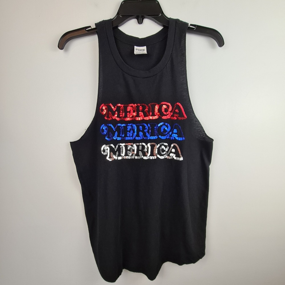 PINK Victoria's Secret Merica Sequin Muscle Tank Top Black XS Fourth of July